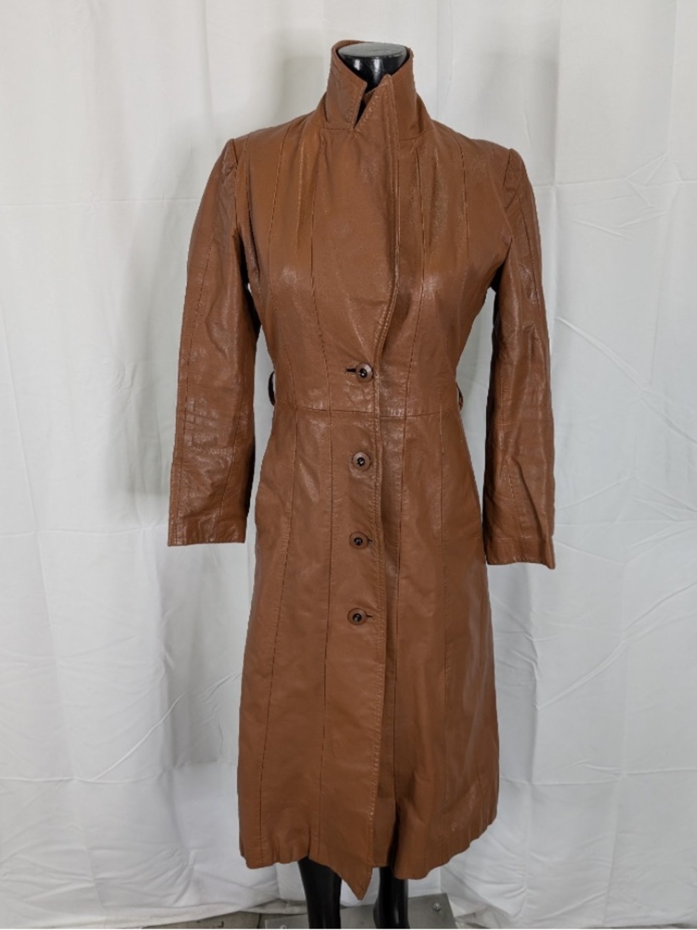Vintage Casablanca Genuine Leather Maxi Coat Womens 7 8 Tan Brown 1970s Trench
